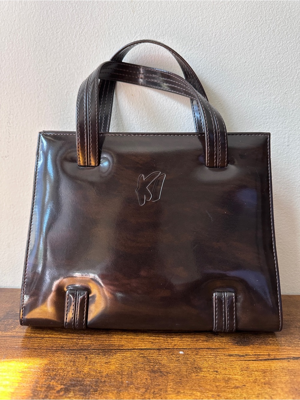 Kazue Inaba Vtg Patent Enamel Dark Chocolate Brown Top Handle Tote Purse Mod Y2K